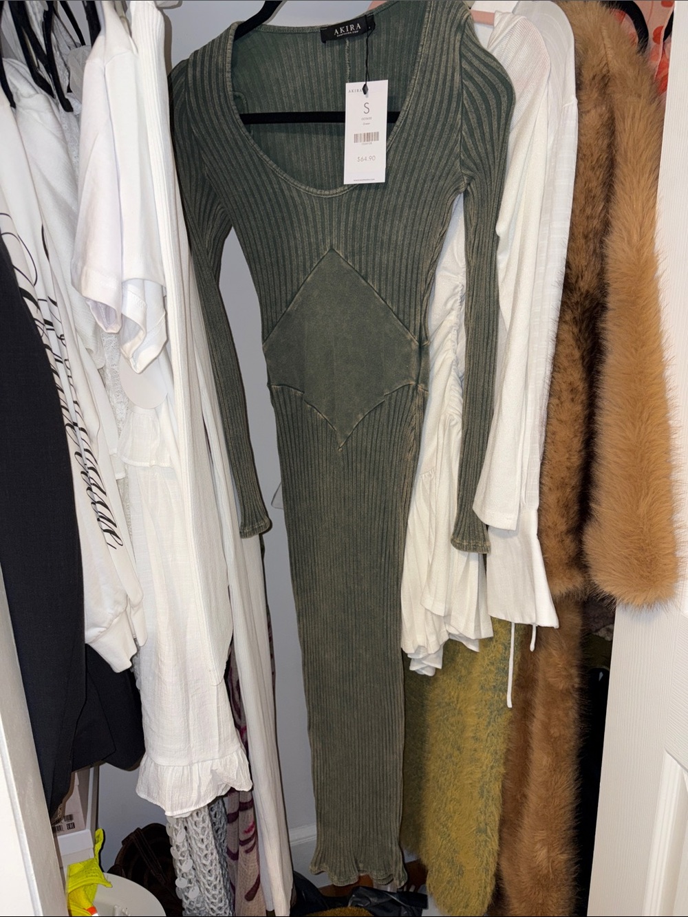 AKIRA Olive Ribbed Long Sleeve Scoop-Neck Maxi Dress